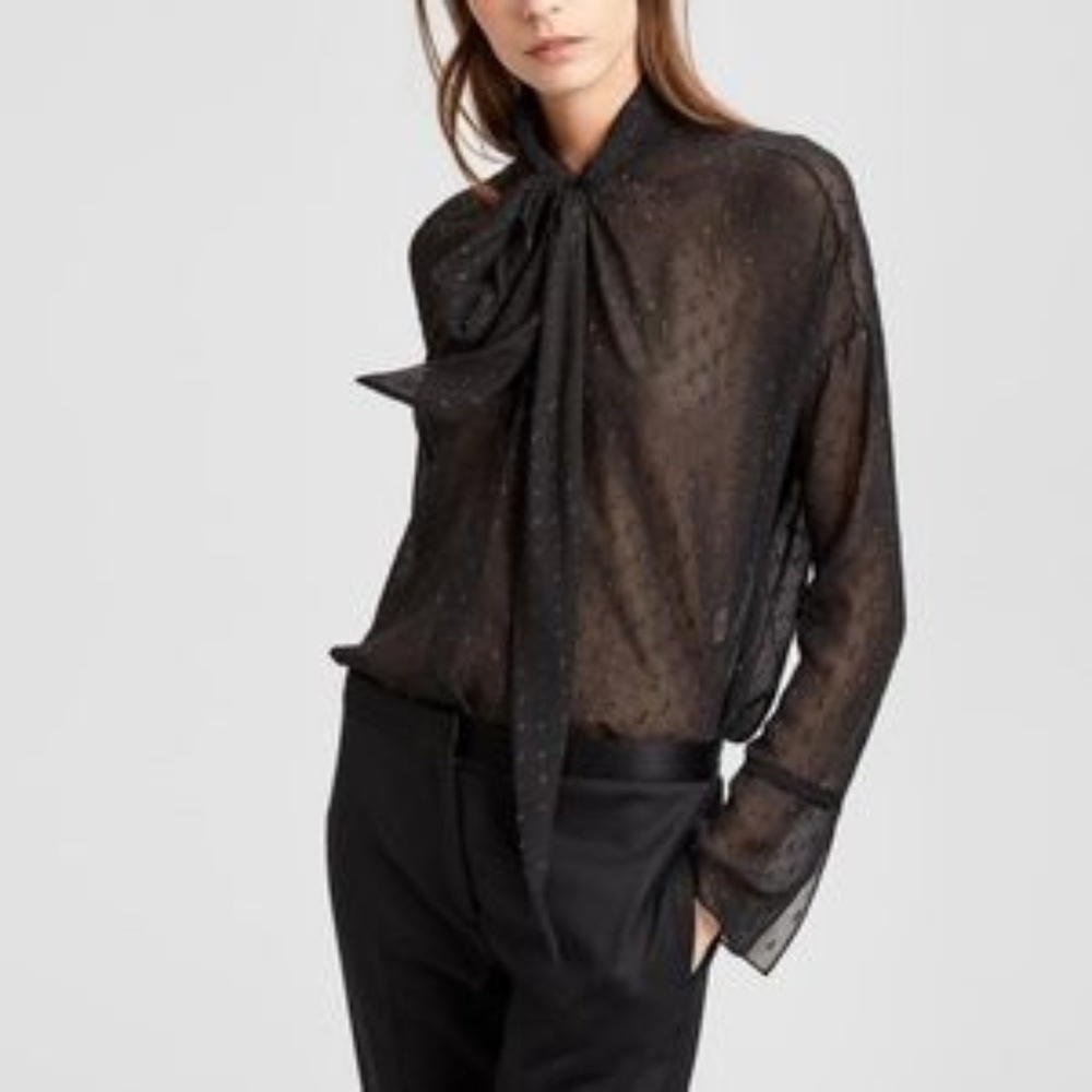 NWT Theory Long-Sleeve Metallic Silk Scarf Shirt